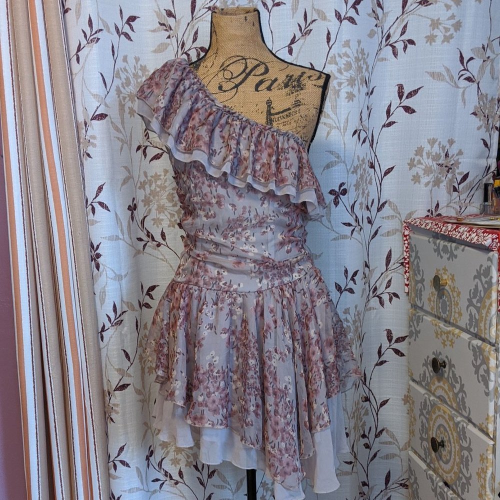 Cecico One shoulder gray floral ruffle dress. Size